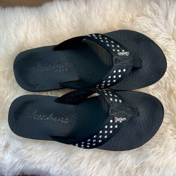 Skechers Black Bling Yoga Foam Rhinestone Flip Flops Size 8 - Picture 2 of 6